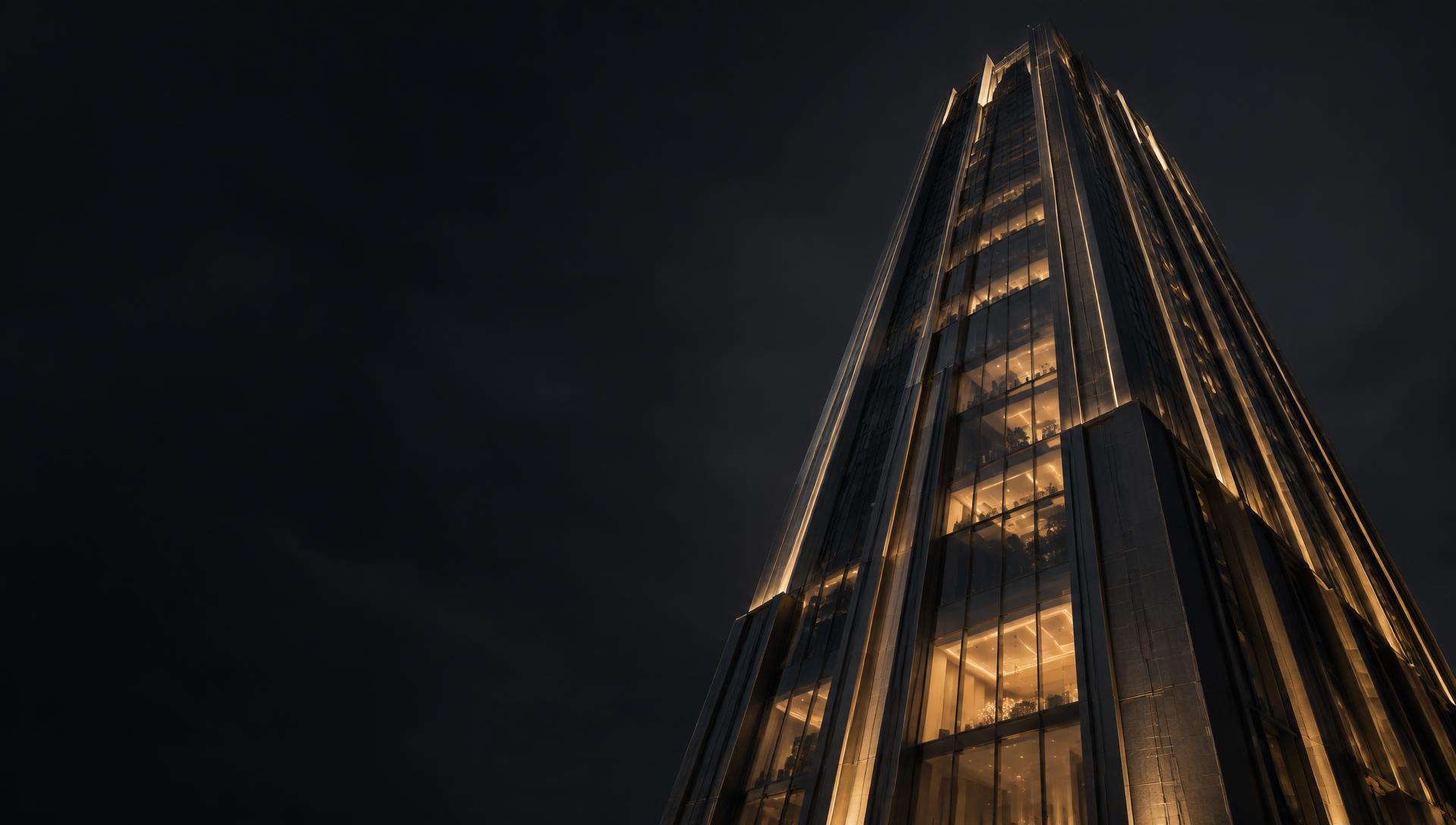 Representative modern glass high-rise tower illuminated at night